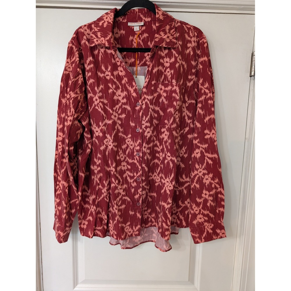 Knox Rose Deep Hibiscus Ikat Print Button Down Shirt XL NEW boho western